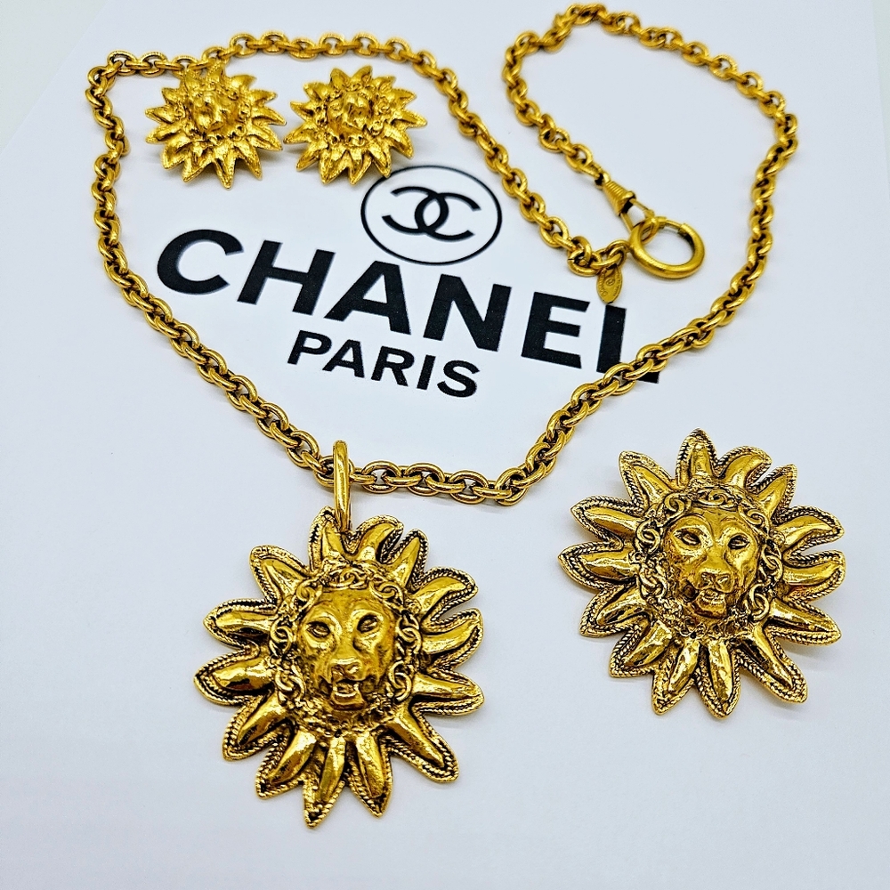 RARE- Vintage CHANEL Set 3  Gold Lion Pendant Necklace Earrings and Brooch